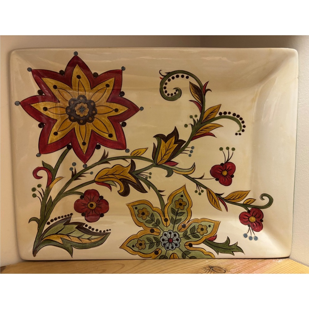 Carynthum Hand Painted Earthenware 16"Serving Platter Rectangular Floral Pier 1